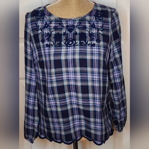 Talbots Navy Plaid Blouse with Embroidered Floral Design Size M (21"-pit to pit)